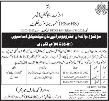 District Education Office Kashmore Job Interviews 2022 in March