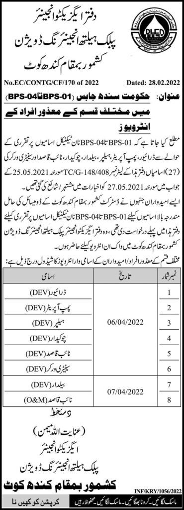 Interview Notice for jobs atPublic Health Engineering in March