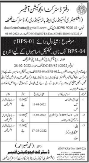 BPS 1 to 4 job Interview at District Education Office Thatta in March