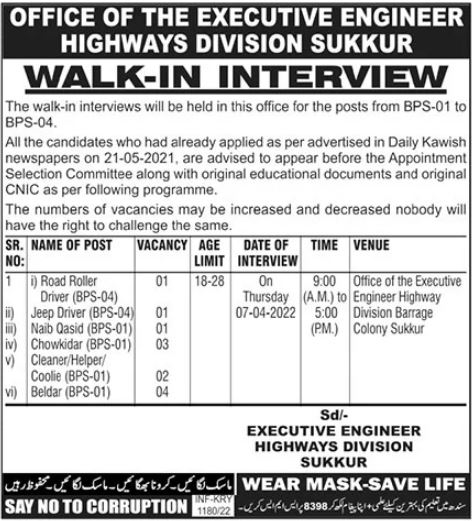 Walk in Interview for jobs at Highways Division Sukkur in March