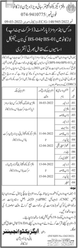 Class 4 job Interviews at Highways Division Larkana in March