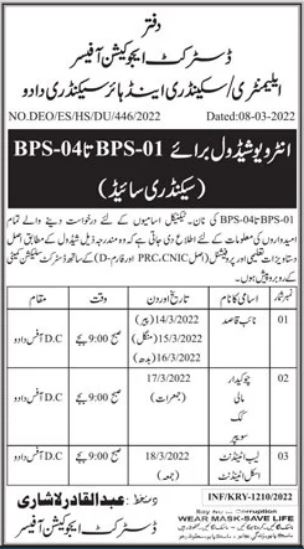 Scale 4 Staff jobs Interview at District Education Office in March