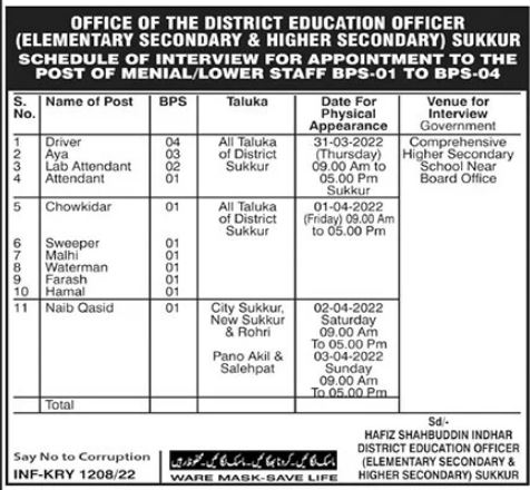 District Education Office Sukkur BPS 01-04 Job Interviews in March