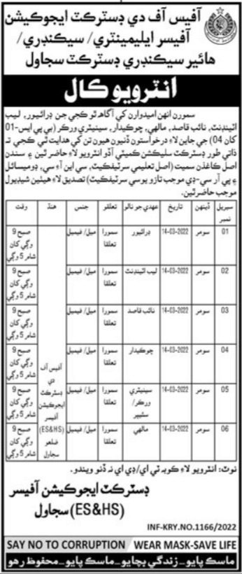 District Education Office Sujawal Job Interviews 2022 in March
