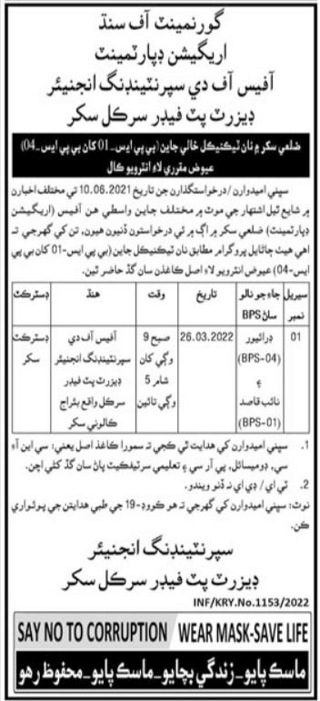 Irrigation Department Sukkur Job Interviews 2022 in March