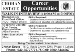 Chohan Estate Sales Executive & Receptionist Job Interviews in March