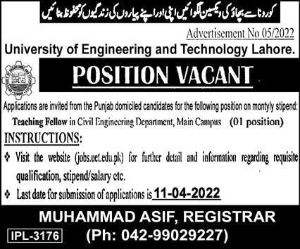 University of Engineering & Technology UET Lahore Jobs 2022 in March