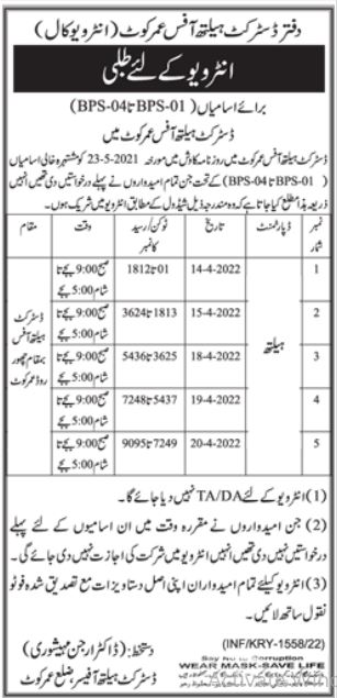 District Health Office Umerkot Jobs Interview Call 2022 in March