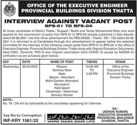 Provincial Buildings Division Thatta Jobs 2022 Interviews in March