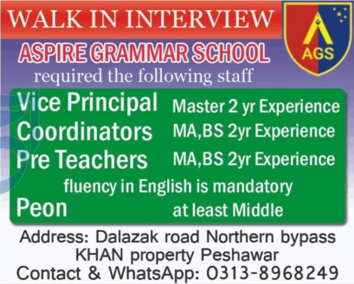 Walk in Interview for jobs at Aspire Grammar School in March