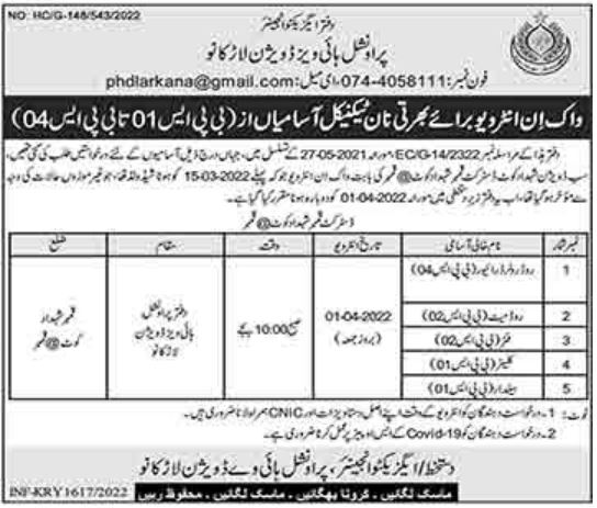 Provincial Highway Division Larkana Jobs Interviews 2022 in March