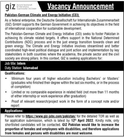 Internship Program 2022 in GIZ pakistan in March