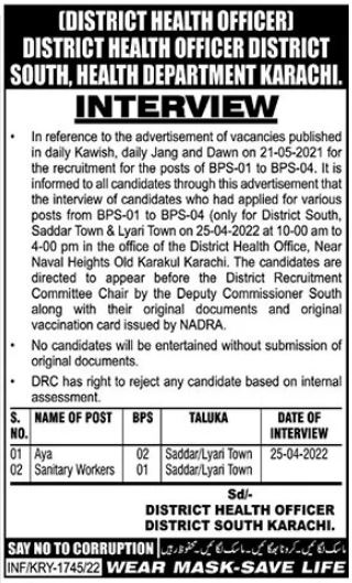 Notice for Interviews for jobs at Health Department Karachi in April