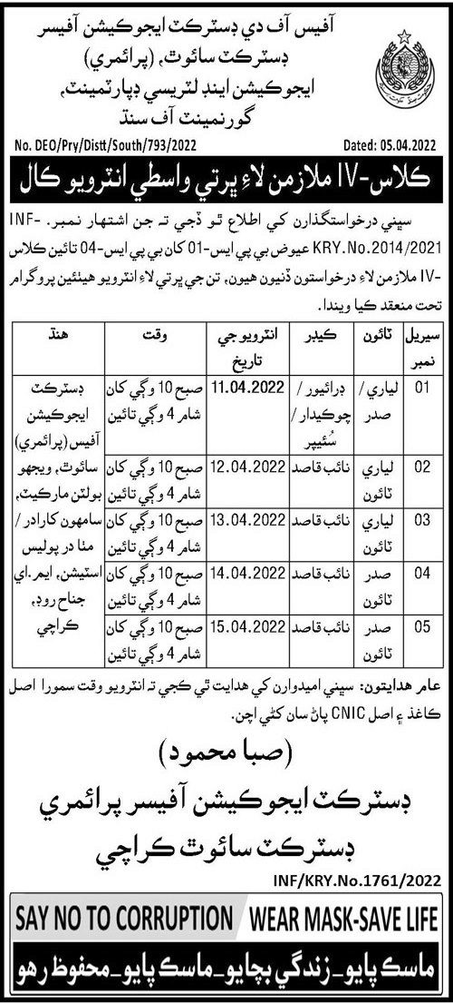 Class 4 jobs Interviews at Education Department Karachi in April