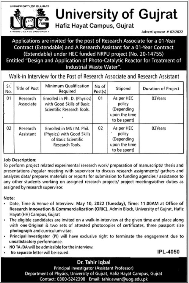 Walk in Interview for Research jobs at University of Gujrat in April