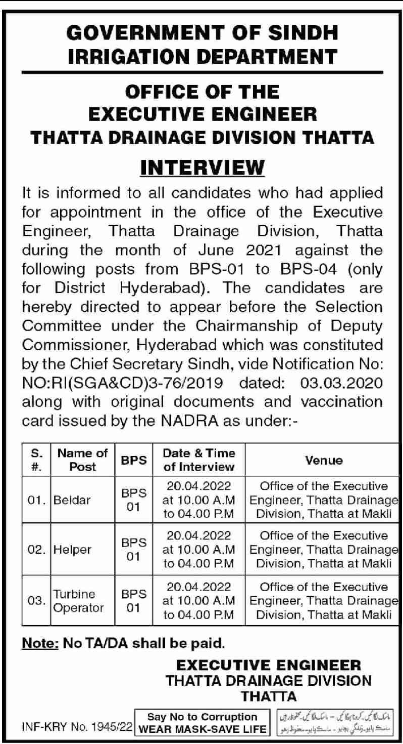 Executive Engineer Thatta Drainage Division Jobs 2022 in April