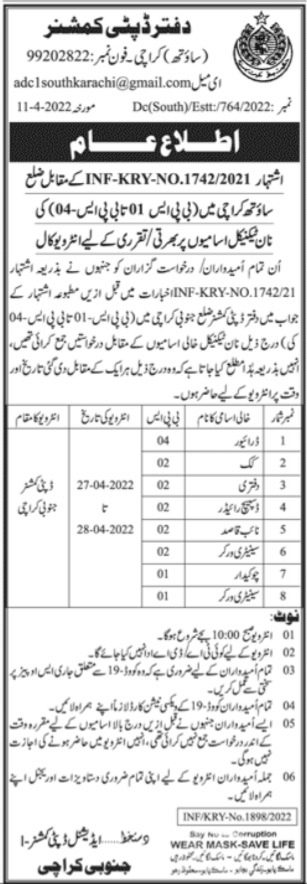 Deputy Commissioner South Karachi Job Interviews 2022 in April