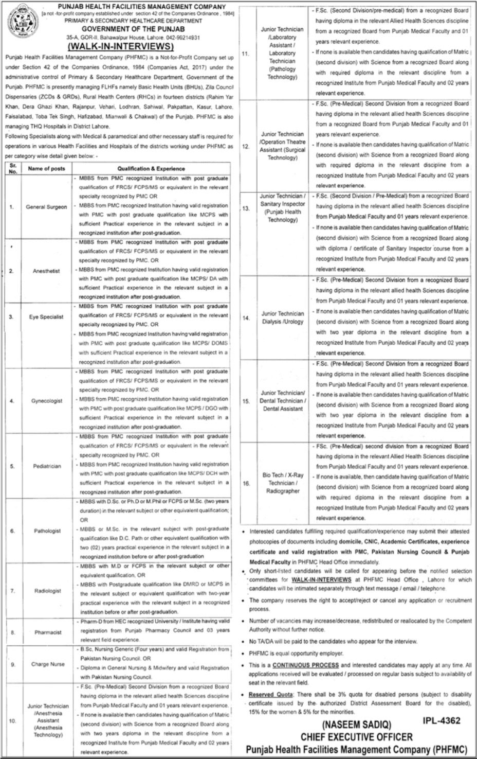 Punjab Health Facilities Management Company Jobs 2022 in April