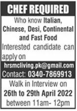 Walk in Interview for Chef job in Lahore in April
