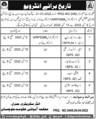 Interview Date for jobs at Irrigation Department Balochistan in April
