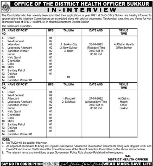 Interview Circular for jobs at Health Department Sukkur in April
