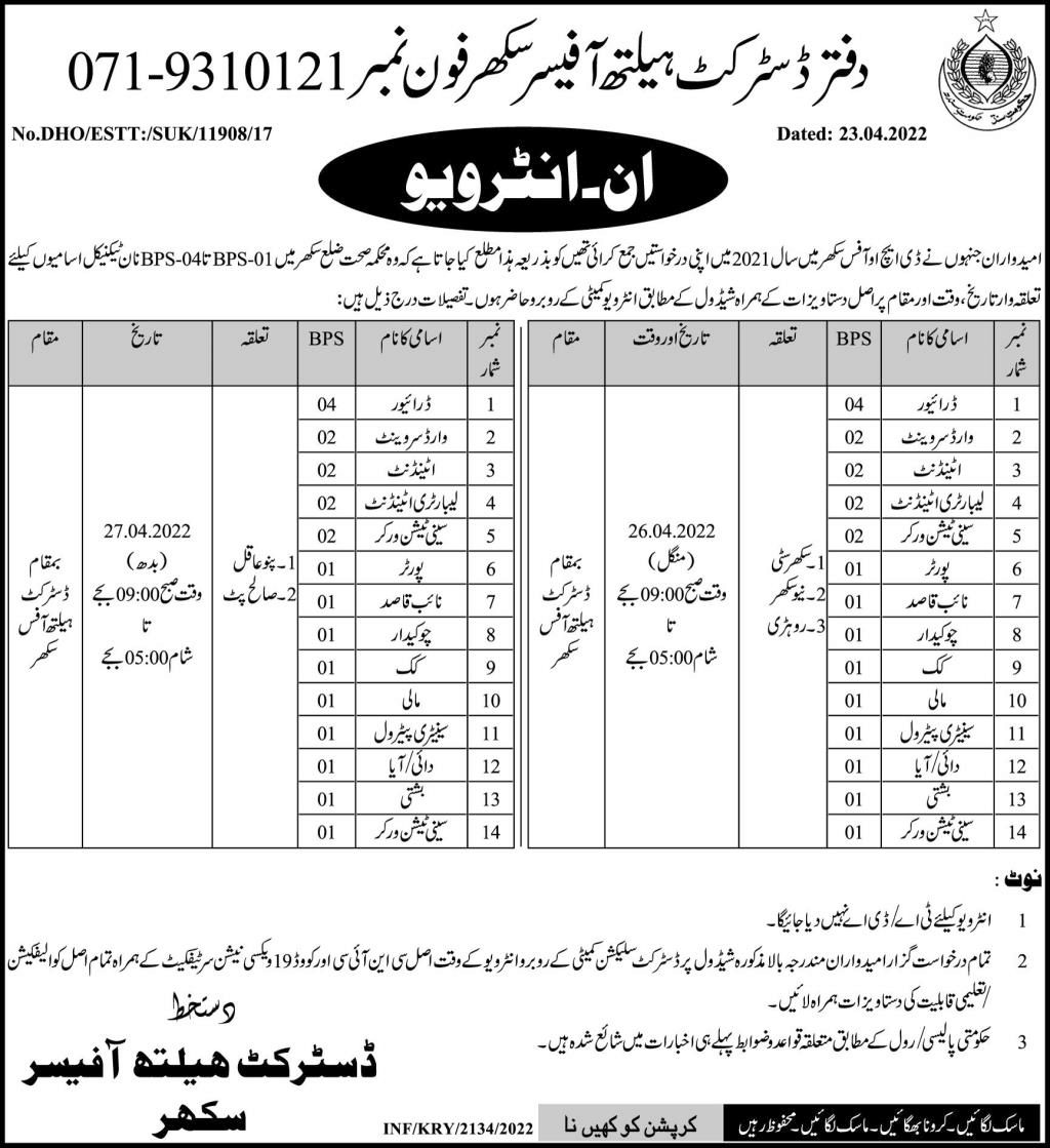 Circular for Interviews for jobs at Health Department in April