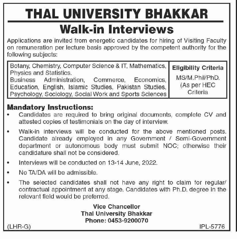 Walk in Interview for jobs at Thal University Bhakkar in June