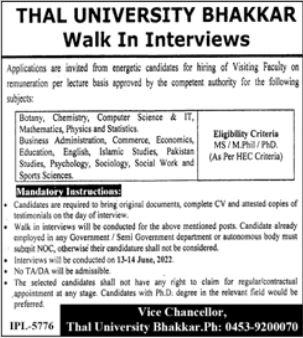 Interviews for jobs at Thal University in June
