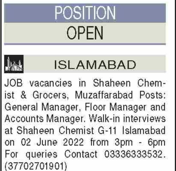 Interviews for jobs at Shaheen Chemist and Grocers in June