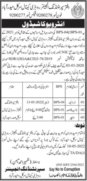 Interview Date for jobs at Rohri Canal Circle in June