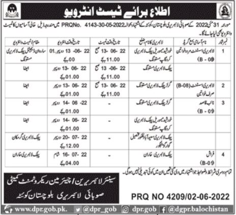 Jobs Tests and Interviews at Provincial Library Balochistan in June