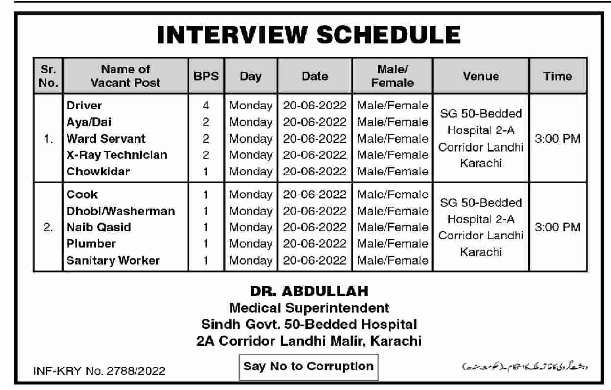 Interview Schedule for jobs at Government Hospital in June