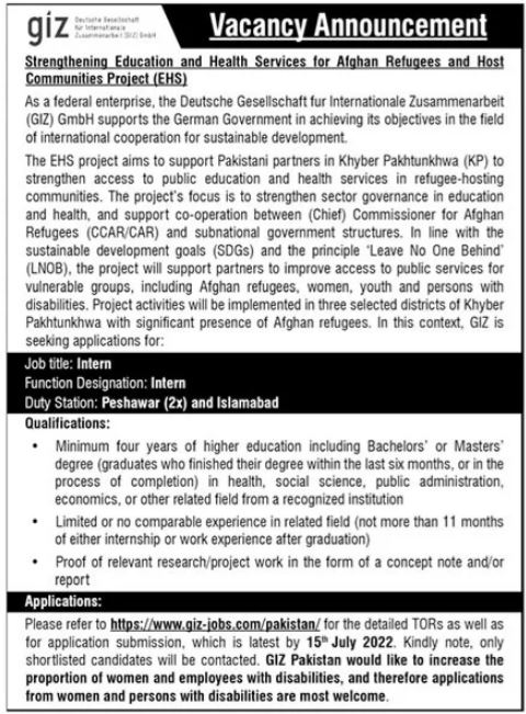 GIZ Pakistan Internship Program 2022 in June