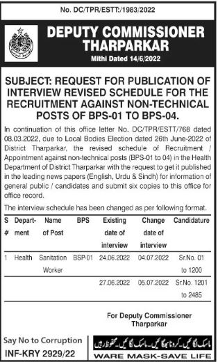 Deputy Commissioner Tharparkar Job Interviews 2022 in June