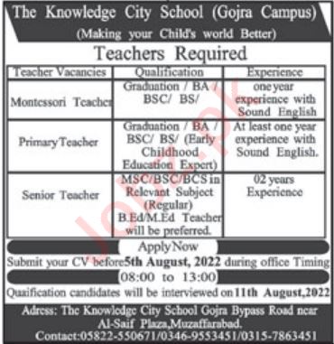 Teacher Jobs 2022 in The Knowledge City School Gojra Campus in August