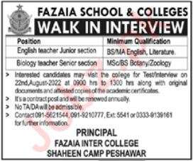 Fazaia School & Colleges Teaching Job Interviews 2022 in August
