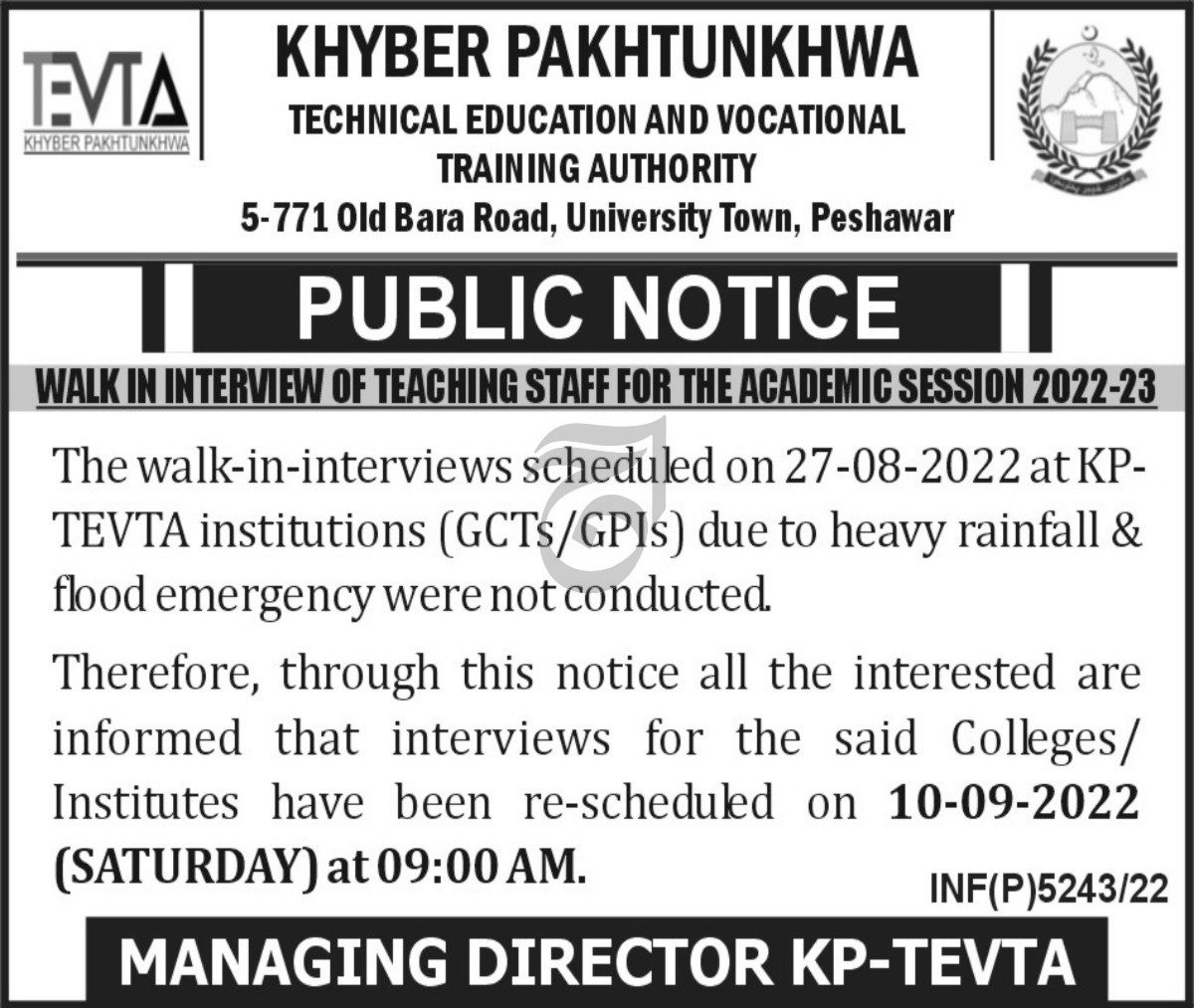 Interviews for jobs at TEVTA Khyber Pakhtunkhwa in September