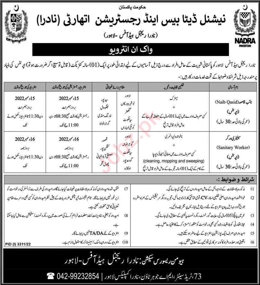 NADRA Regional Head Office Lahore Job Interviews 2022 in November