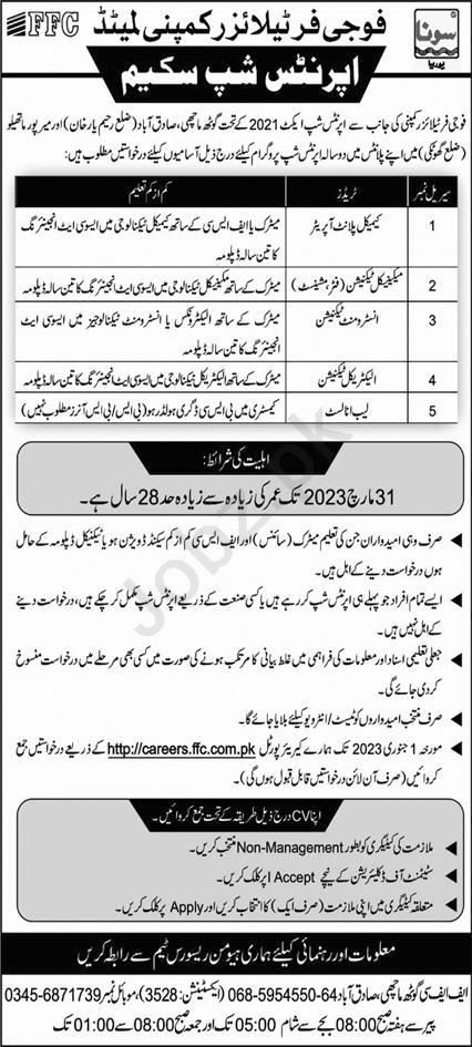 Fauji Fertilizer Company Limited Apprenticeship Jobs 2023 in November