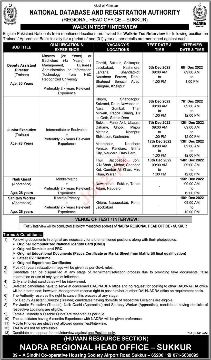 NADRA Regional Head Officer Sukkur Job Test Interviews 2022 in November