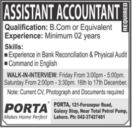 Walk in Interview for job at Porta Sanitary Ware in December
