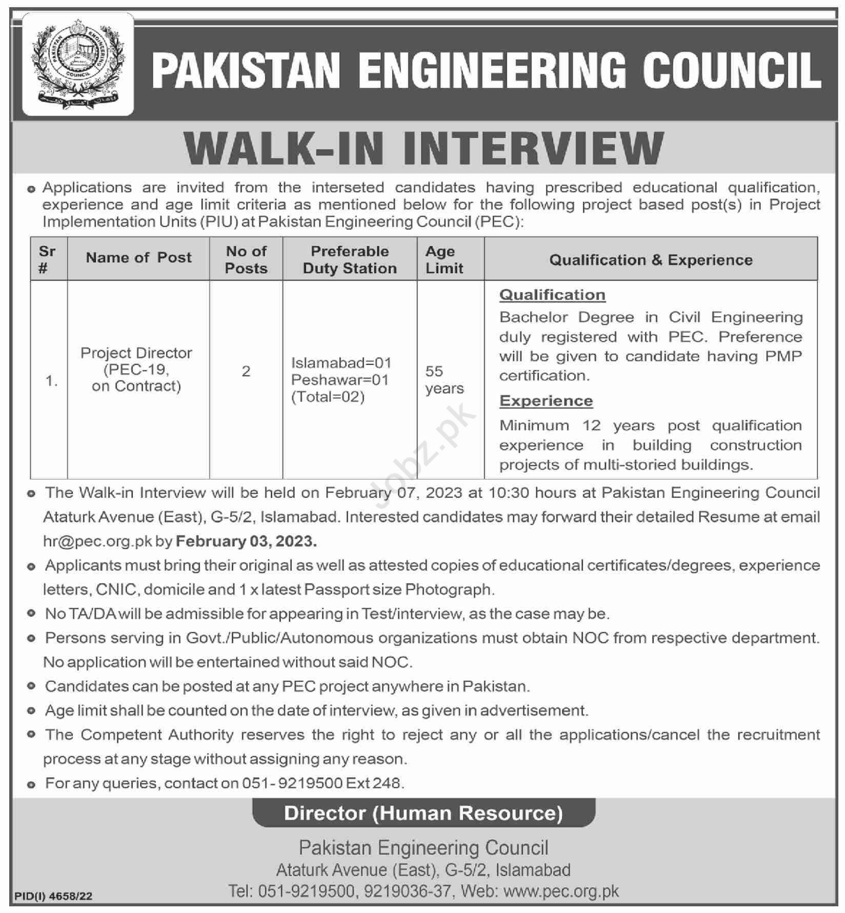 Positions Interviews at Pakistan Engineering Council PEC in January