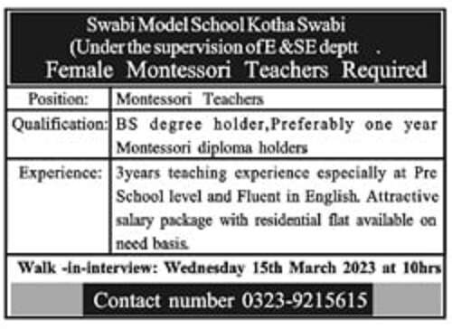 Interviews for Teacher jobs at Swabi Model School in March