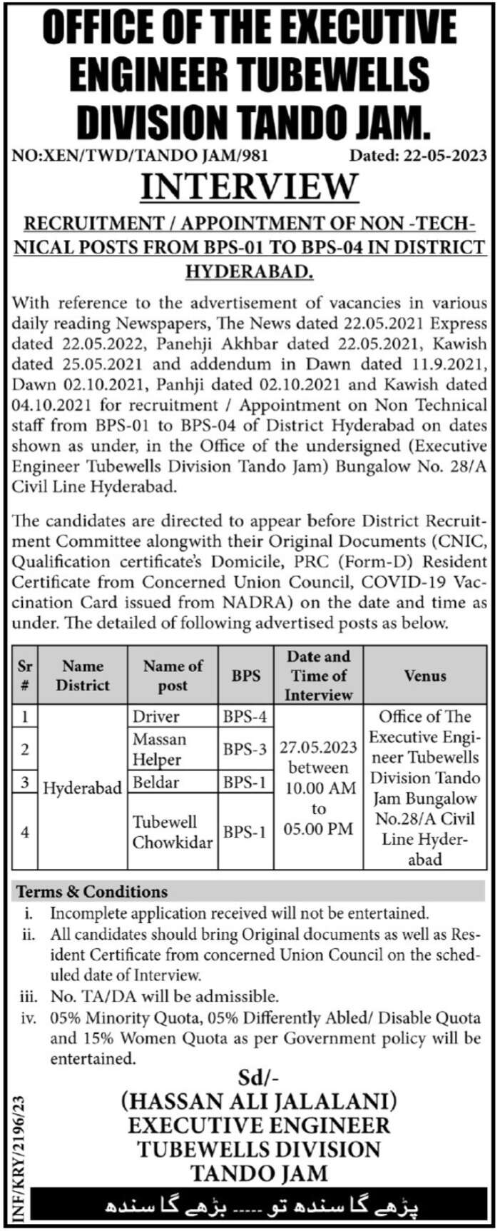Tubewells Division Tando Jam Jobs 2023 Interviews in May