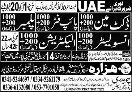 Duct Man And Insulatorjobs In UAE in July