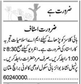 Interviews For Teacher Job At Nishat Boys High School in October
