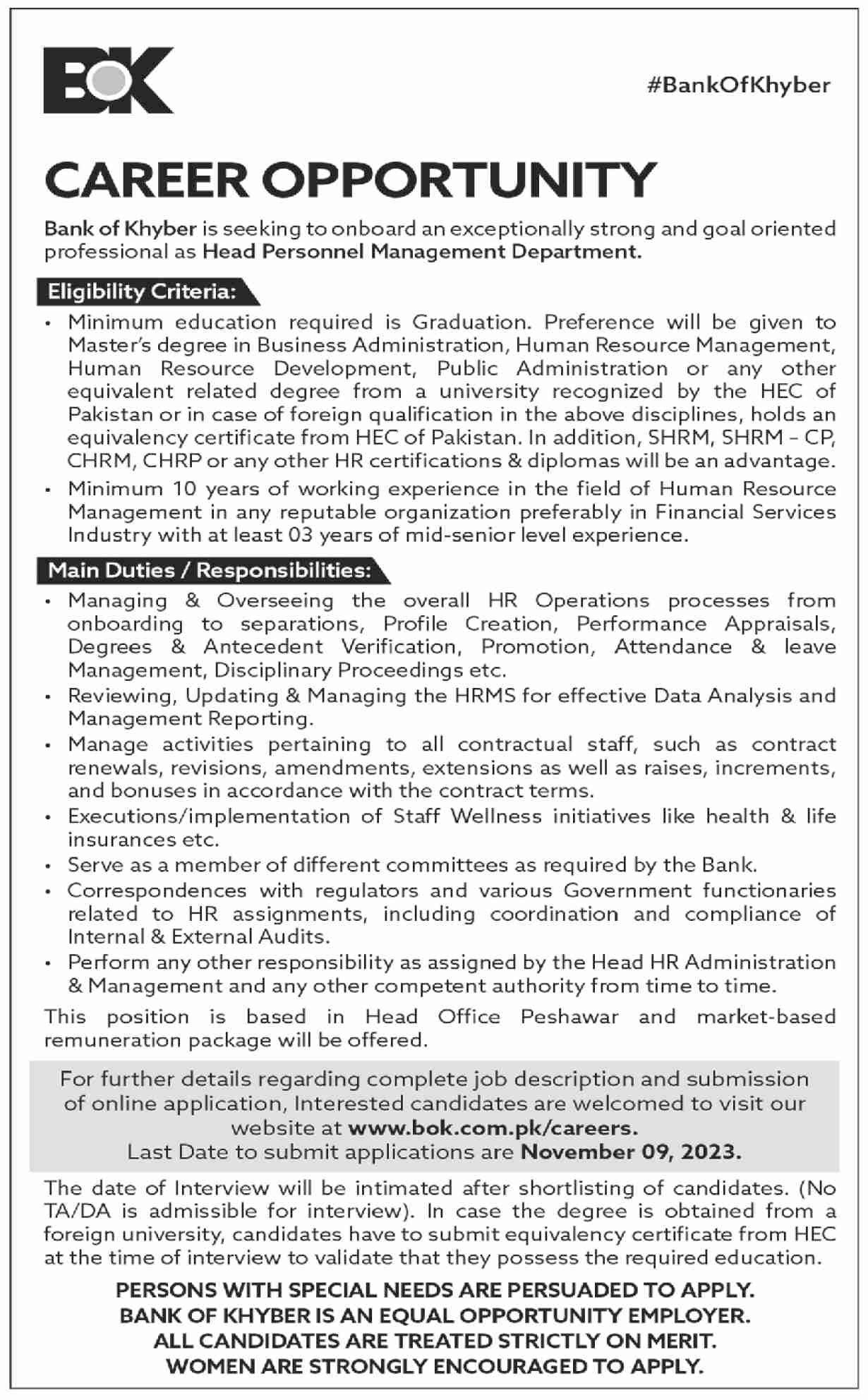 Career Opportunity At The Bank Of Khyber BOK in November