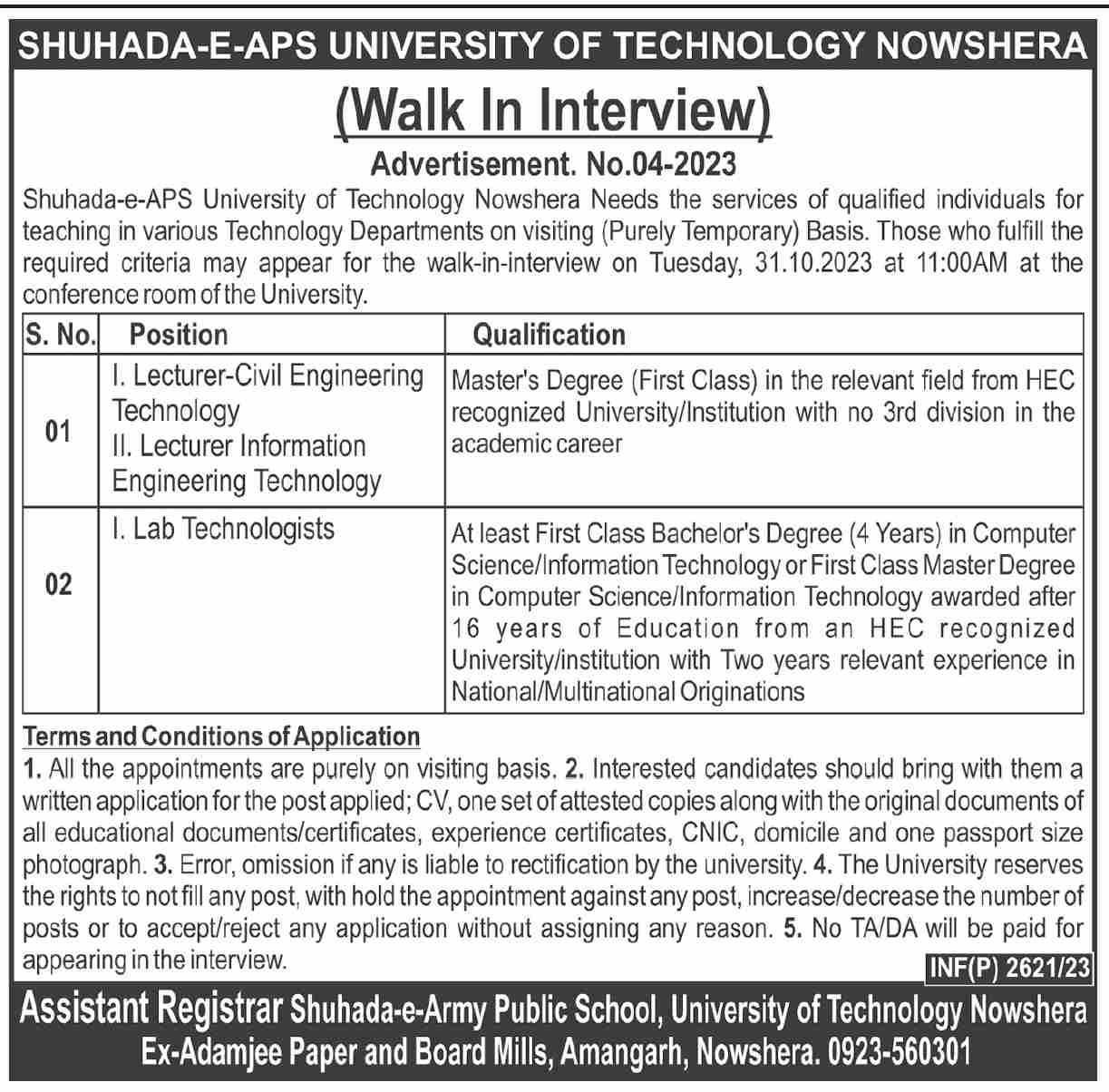 Interviews For Jobs At Shuhada E APS University Nowshera in November