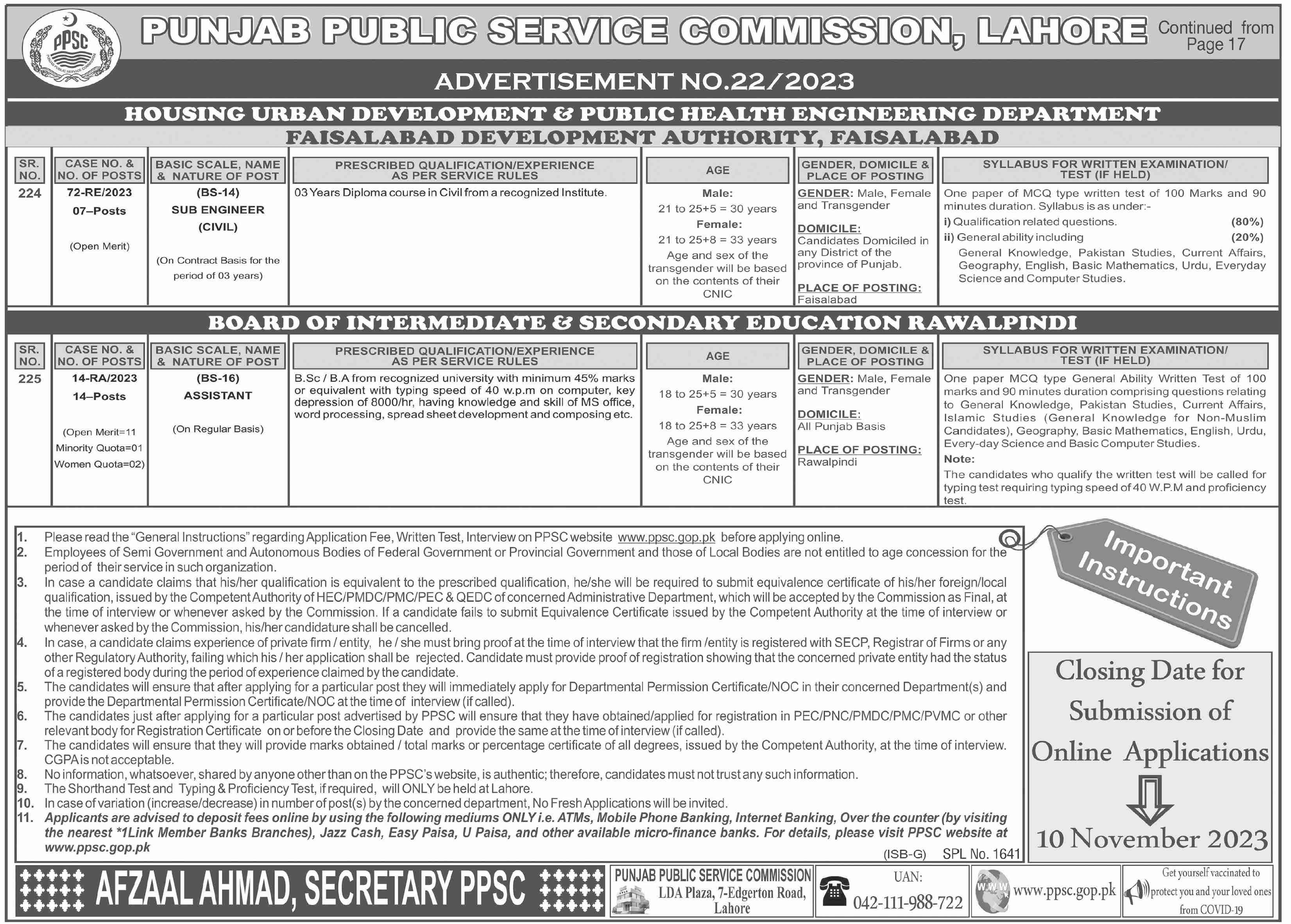 Jobs Adverrtisement No 22/2023 At PPSC in November