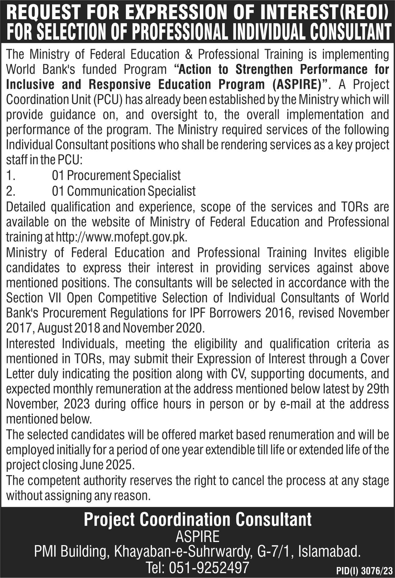 Consultant Jobs At Ministry Of Federal Education in December